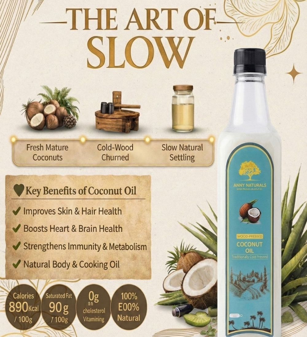 Anny Naturals Wood-Pressed Coconut Oil 1000ml – 100% Pure & Traditionally Cold Pressed